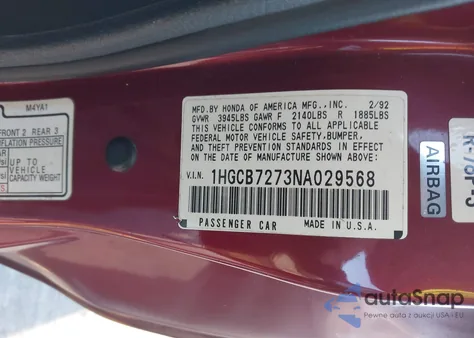 1992 Honda Accord Ex z USA, uszkodzony, nr VIN 1HGCB7273NA029568